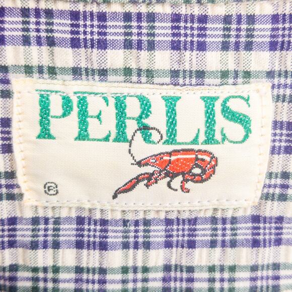 Perlis Seersucker Shirt Men's Medium Short Sleeve Button Down Blue Green Stripes - Picture 3 of 13